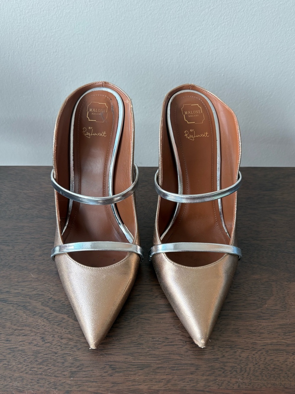 Malone Souliers Maureen 100mm Stiletto Mule Heels Size 38 Pointed Toe Leather